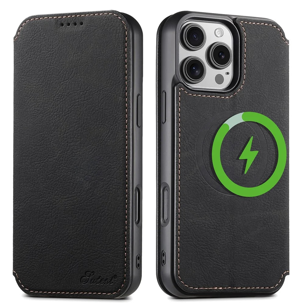 SUTENI J06 For iPhone 16 Pro Max Case Litchi Texture Leather Wallet Phone Shell Compatible with MagSafe - Black - 1