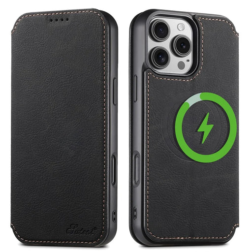 SUTENI J06 For iPhone 16 Pro Max Case Litchi Texture Leather Wallet Phone Shell Compatible with MagSafe - Black - 1