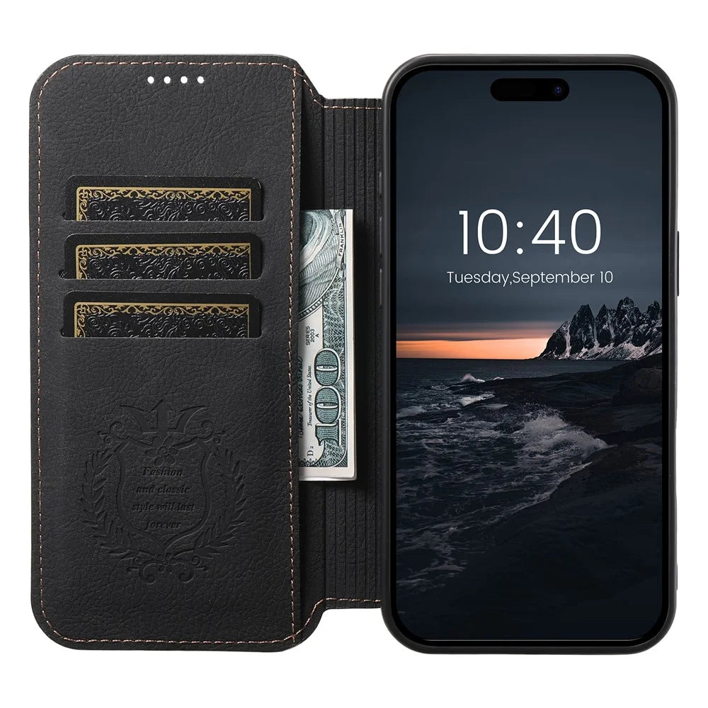 SUTENI J06 For iPhone 16 Pro Max Case Litchi Texture Leather Wallet Phone Shell Compatible with MagSafe - Black - 2