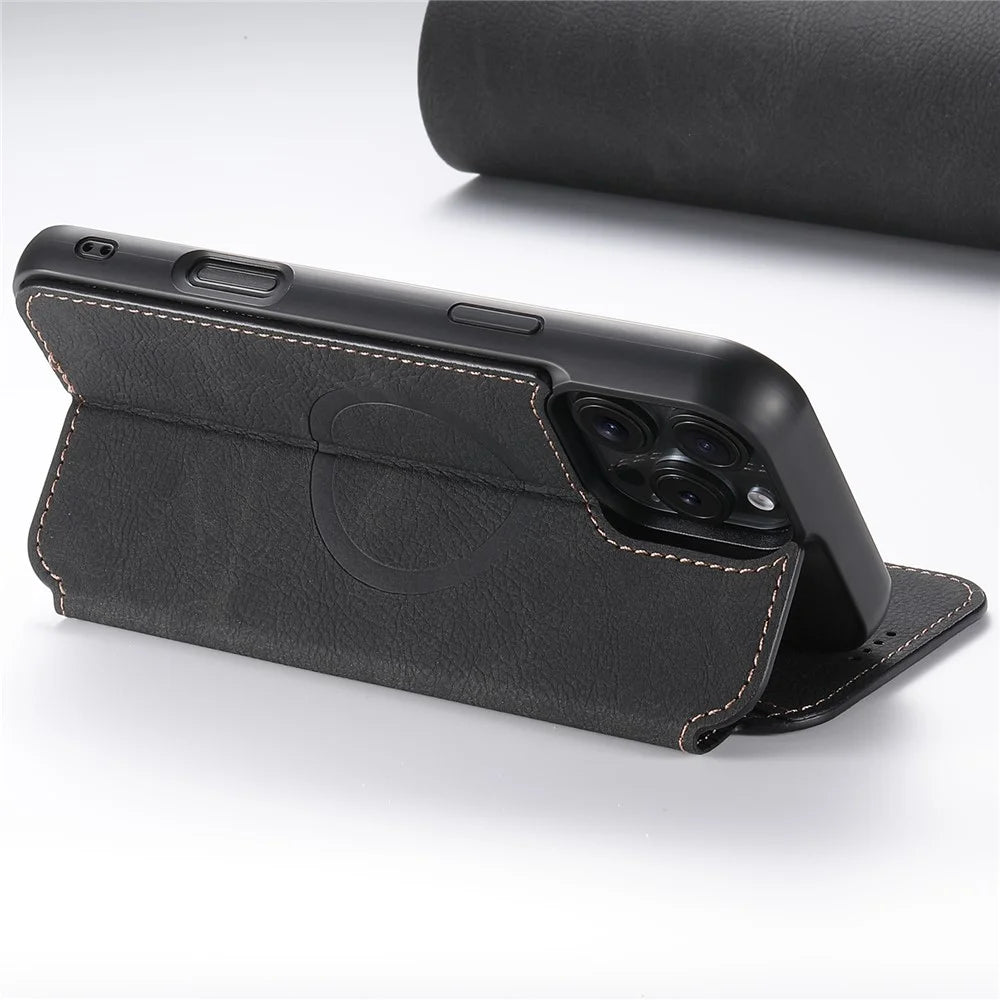 SUTENI J06 For iPhone 16 Pro Max Case Litchi Texture Leather Wallet Phone Shell Compatible with MagSafe - Black - 3
