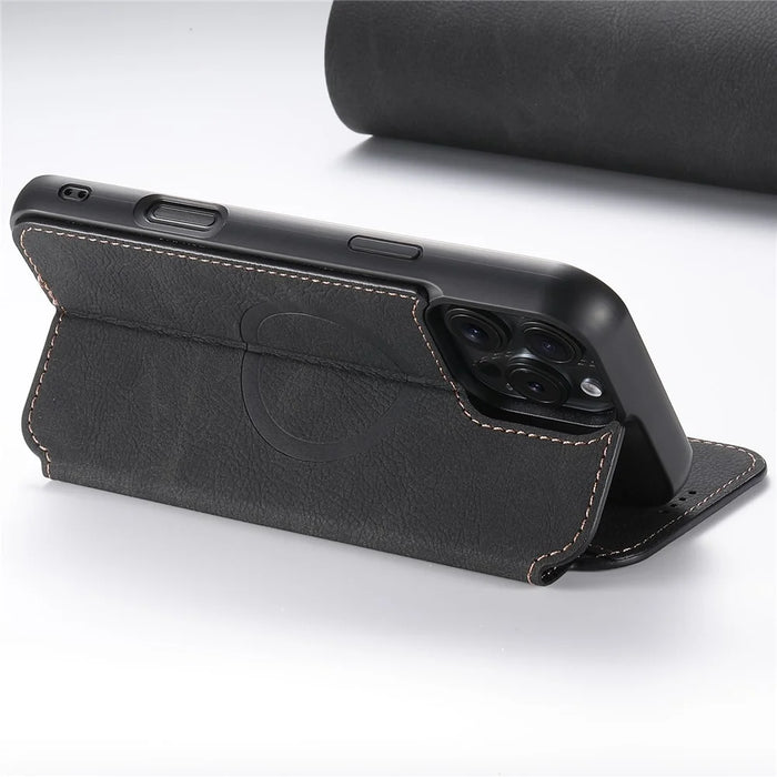 SUTENI J06 For iPhone 16 Pro Max Case Litchi Texture Leather Wallet Phone Shell Compatible with MagSafe - Black - 3