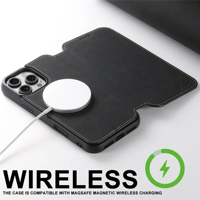 SUTENI J06 For iPhone 16 Pro Max Case Litchi Texture Leather Wallet Phone Shell Compatible with MagSafe - Black - 4