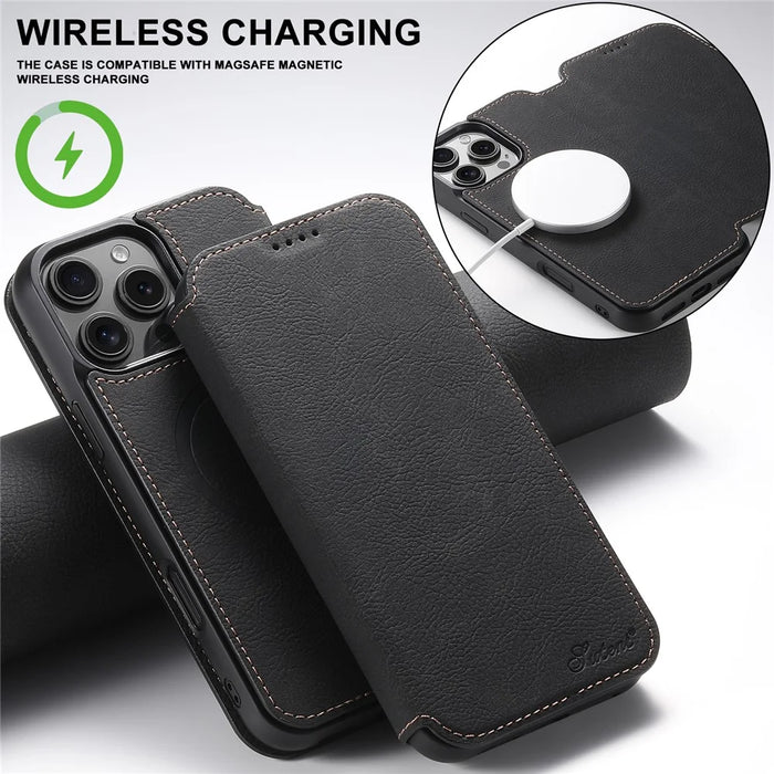 SUTENI J06 For iPhone 16 Pro Max Case Litchi Texture Leather Wallet Phone Shell Compatible with MagSafe - Black - 5