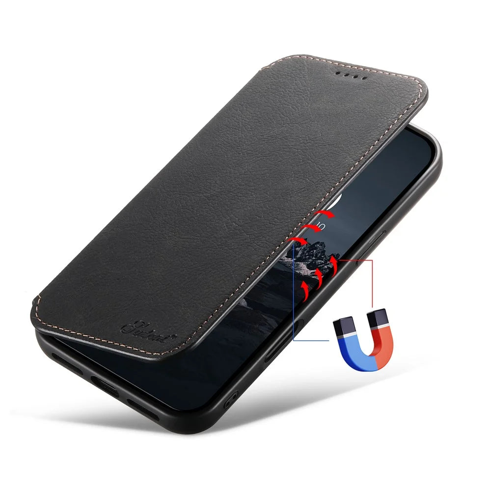 SUTENI J06 For iPhone 16 Pro Max Case Litchi Texture Leather Wallet Phone Shell Compatible with MagSafe - Black - 6