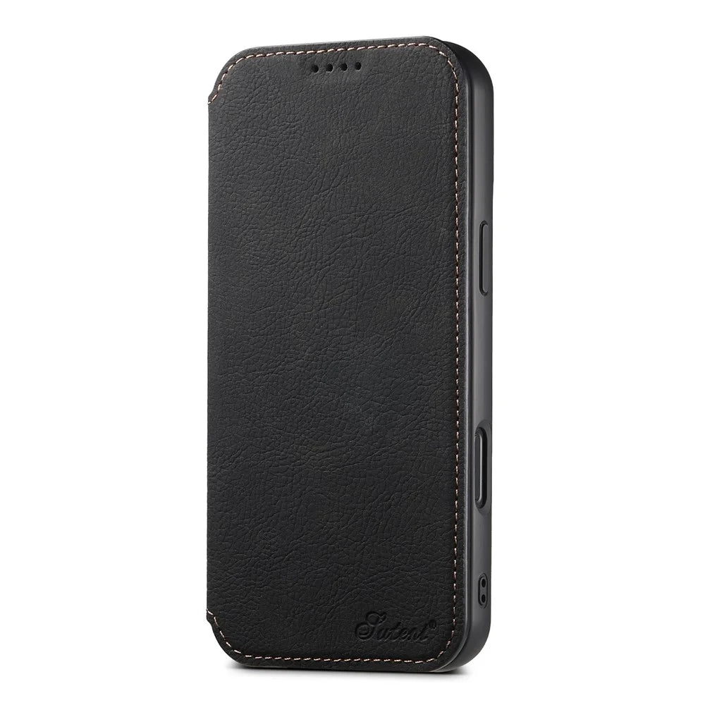 SUTENI J06 For iPhone 16 Pro Max Case Litchi Texture Leather Wallet Phone Shell Compatible with MagSafe - Black - 7