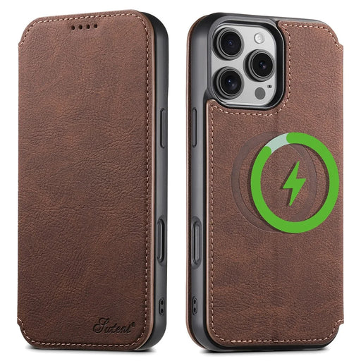 SUTENI J06 For iPhone 16 Pro Case Litchi Texture Leather Wallet Phone Shell Compatible with MagSafe - Brown - 1