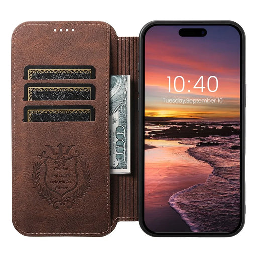 SUTENI J06 For iPhone 16 Pro Case Litchi Texture Leather Wallet Phone Shell Compatible with MagSafe - Brown - 2