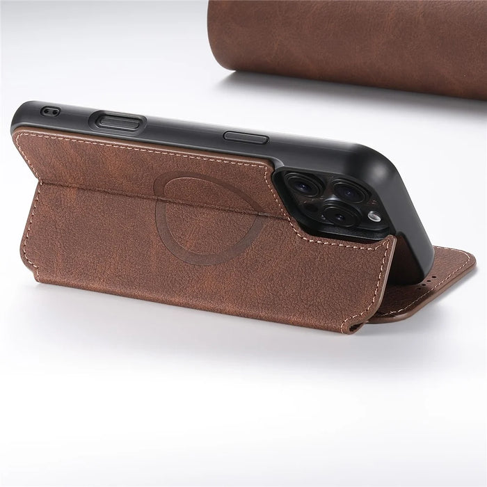 SUTENI J06 For iPhone 16 Pro Case Litchi Texture Leather Wallet Phone Shell Compatible with MagSafe - Brown - 3