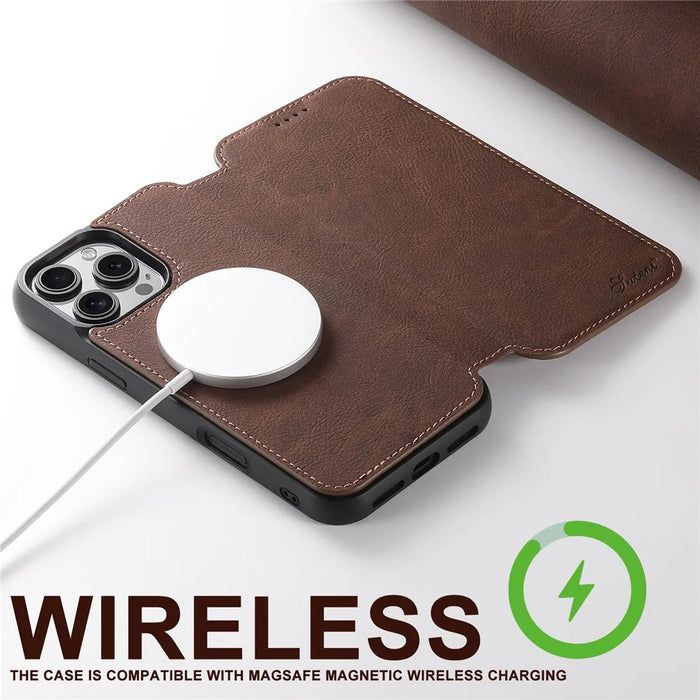 SUTENI J06 For iPhone 16 Pro Case Litchi Texture Leather Wallet Phone Shell Compatible with MagSafe - Brown - 4