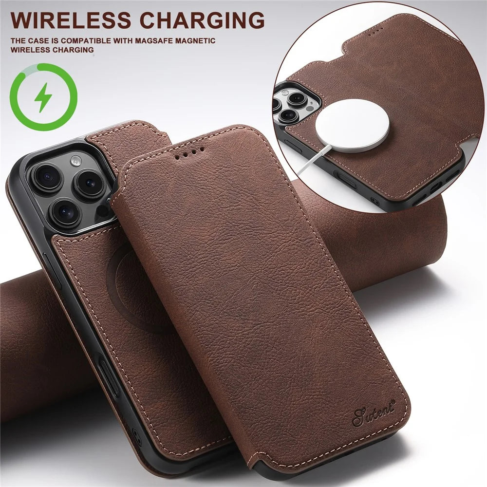SUTENI J06 For iPhone 16 Pro Case Litchi Texture Leather Wallet Phone Shell Compatible with MagSafe - Brown - 5
