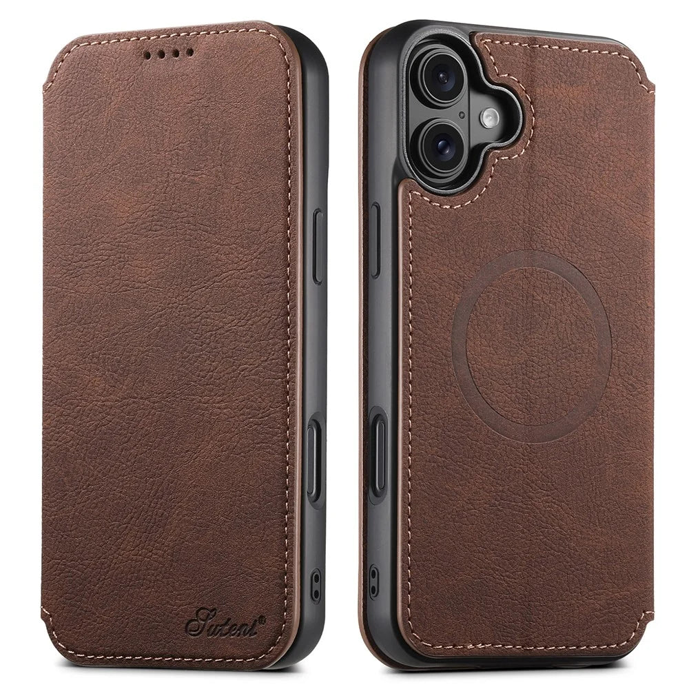 SUTENI J06 For iPhone 16 Case Litchi Texture Leather Wallet Phone Shell Compatible with MagSafe - Brown - 1