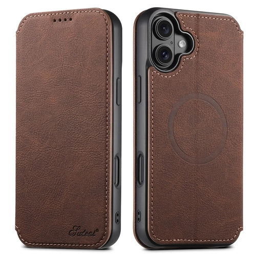 SUTENI J06 For iPhone 16 Case Litchi Texture Leather Wallet Phone Shell Compatible with MagSafe - Brown - 1