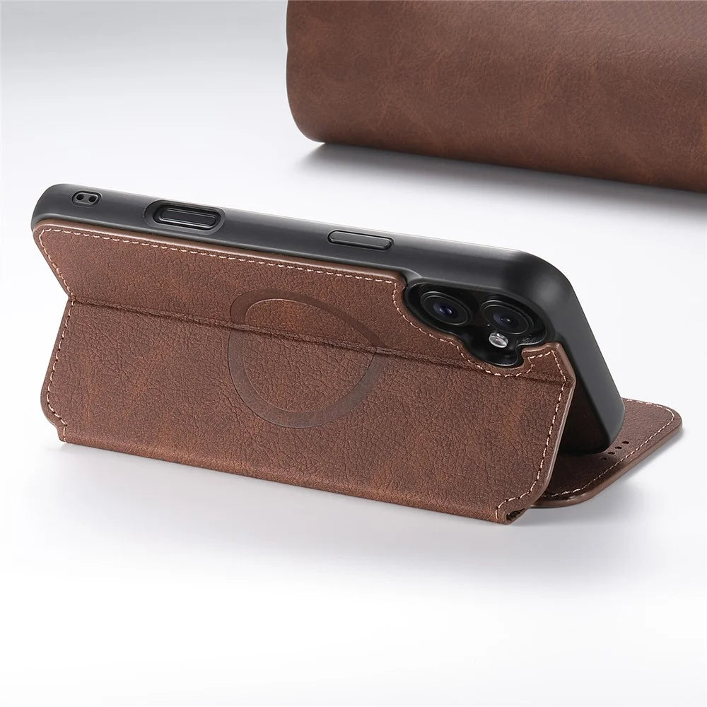 SUTENI J06 For iPhone 16 Case Litchi Texture Leather Wallet Phone Shell Compatible with MagSafe - Brown - 3