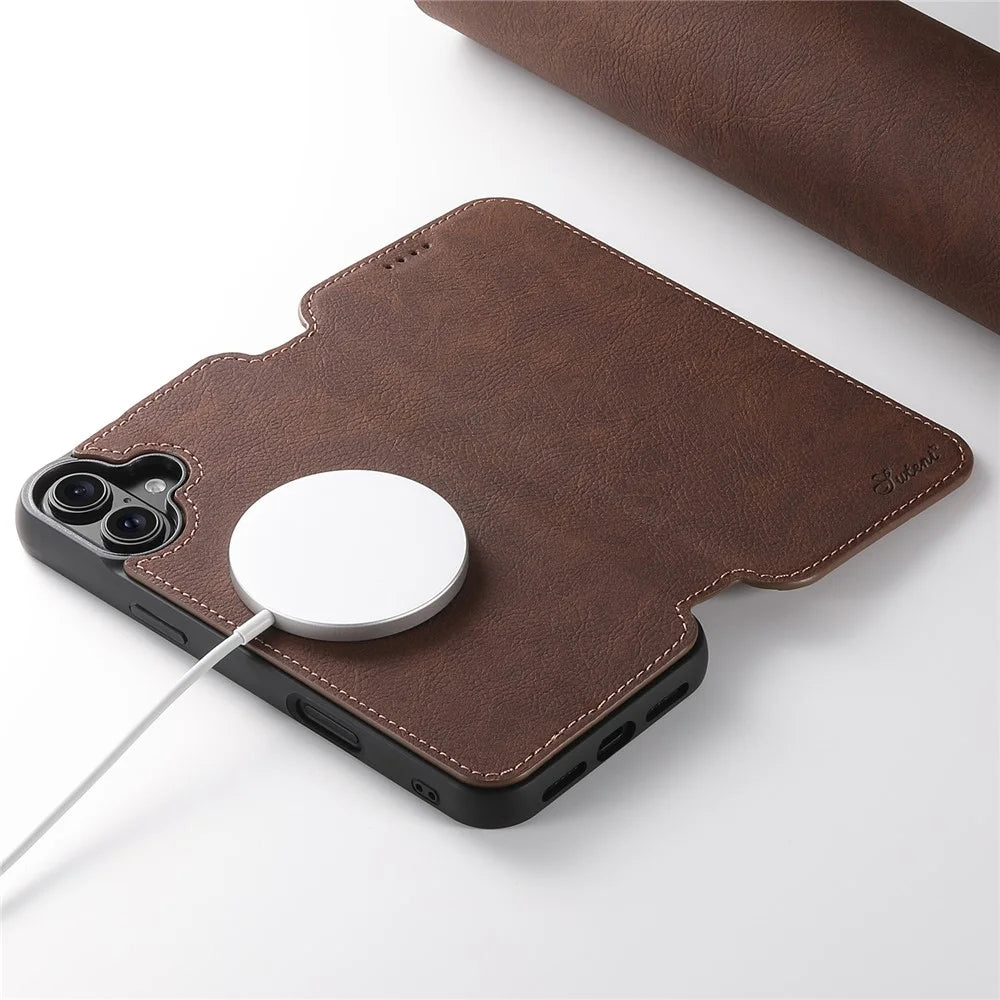 SUTENI J06 For iPhone 16 Case Litchi Texture Leather Wallet Phone Shell Compatible with MagSafe - Brown - 4