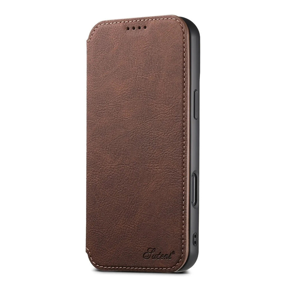 SUTENI J06 For iPhone 16 Case Litchi Texture Leather Wallet Phone Shell Compatible with MagSafe - Brown - 6