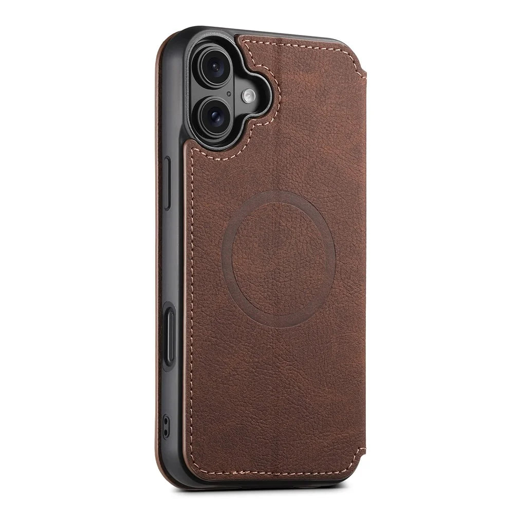 SUTENI J06 For iPhone 16 Case Litchi Texture Leather Wallet Phone Shell Compatible with MagSafe - Brown - 7