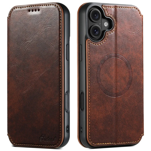 SUTENI J05 For iPhone 16 Plus Case Compatible with MagSafe Textured PU Leather Flip Phone Cover - Khaki - 1