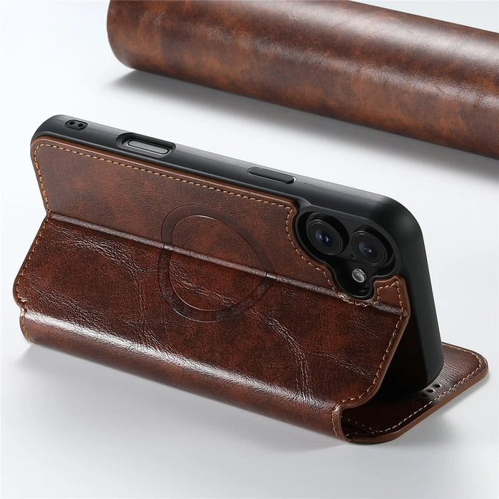 SUTENI J05 For iPhone 16 Plus Case Compatible with MagSafe Textured PU Leather Flip Phone Cover - Khaki - 3