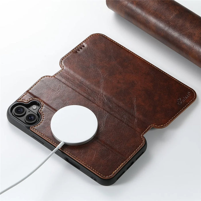 SUTENI J05 For iPhone 16 Plus Case Compatible with MagSafe Textured PU Leather Flip Phone Cover - Khaki - 4