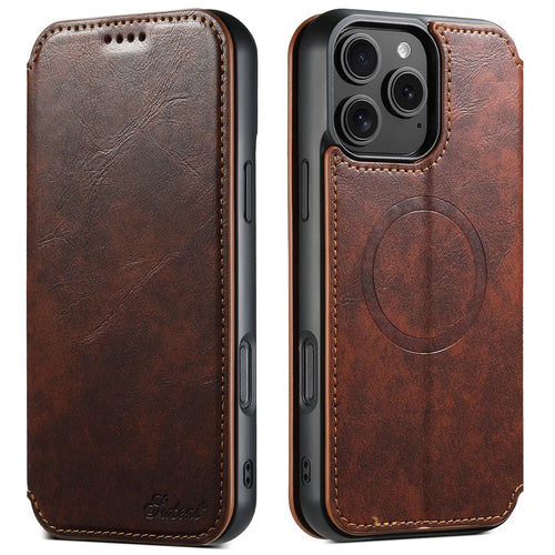SUTENI J05 For iPhone 16 Pro Max Case Compatible with MagSafe Textured PU Leather Flip Phone Cover - Khaki - 1