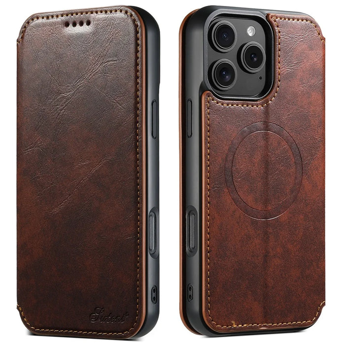 SUTENI J05 For iPhone 16 Pro Max Case Compatible with MagSafe Textured PU Leather Flip Phone Cover - Khaki - 1