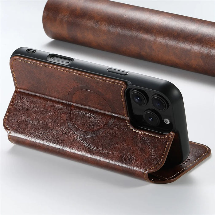 SUTENI J05 For iPhone 16 Pro Max Case Compatible with MagSafe Textured PU Leather Flip Phone Cover - Khaki - 3