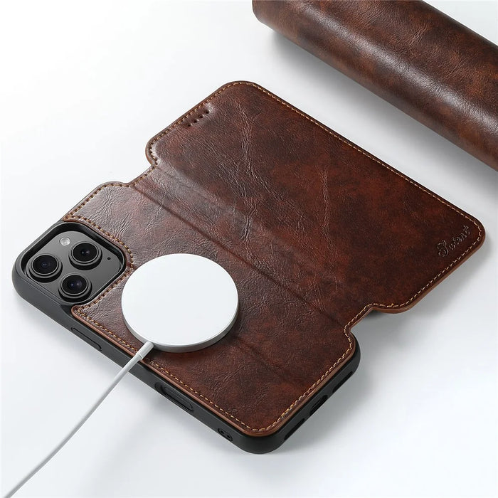 SUTENI J05 For iPhone 16 Pro Max Case Compatible with MagSafe Textured PU Leather Flip Phone Cover - Khaki - 4