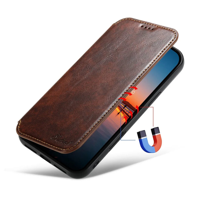 SUTENI J05 For iPhone 16 Pro Max Case Compatible with MagSafe Textured PU Leather Flip Phone Cover - Khaki - 5