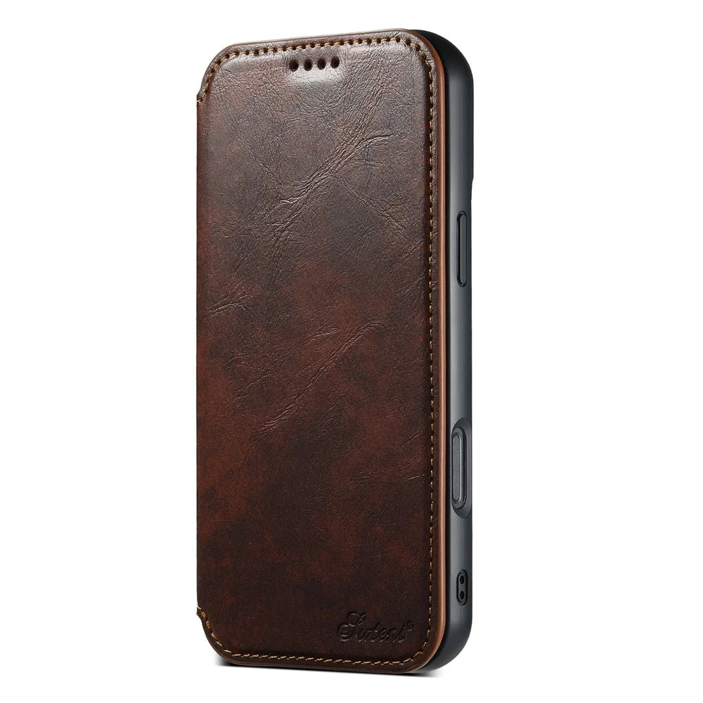 SUTENI J05 For iPhone 16 Pro Max Case Compatible with MagSafe Textured PU Leather Flip Phone Cover - Khaki - 6
