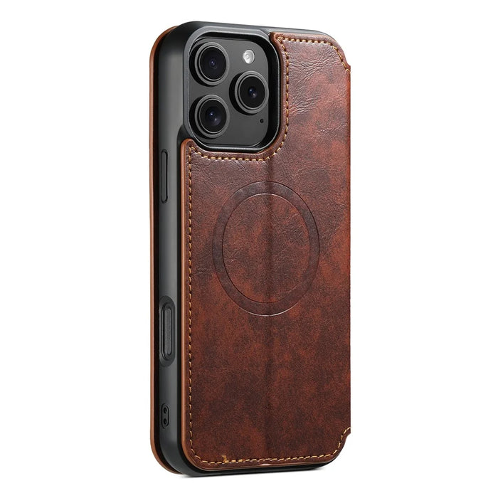 SUTENI J05 For iPhone 16 Pro Max Case Compatible with MagSafe Textured PU Leather Flip Phone Cover - Khaki - 7