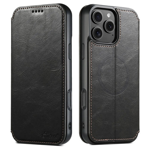 SUTENI J05 For iPhone 16 Pro Case Compatible with MagSafe Textured PU Leather Flip Phone Cover - Black - 1