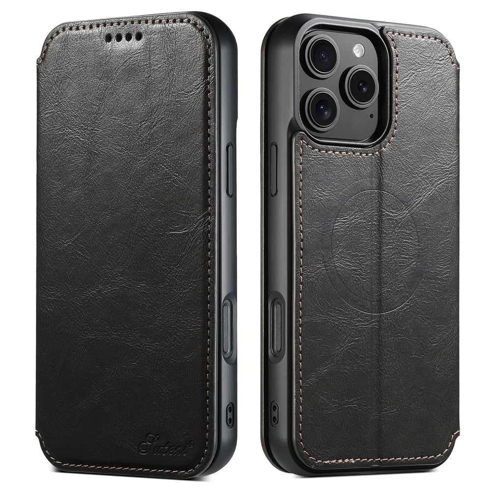SUTENI J05 For iPhone 16 Pro Case Compatible with MagSafe Textured PU Leather Flip Phone Cover - Black - 1