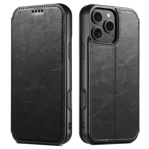 SUTENI J05 For iPhone 16 Pro Case Compatible with MagSafe Textured PU Leather Flip Phone Cover - Black - 1