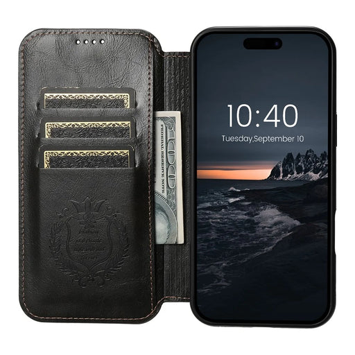 SUTENI J05 For iPhone 16 Pro Case Compatible with MagSafe Textured PU Leather Flip Phone Cover - Black - 2