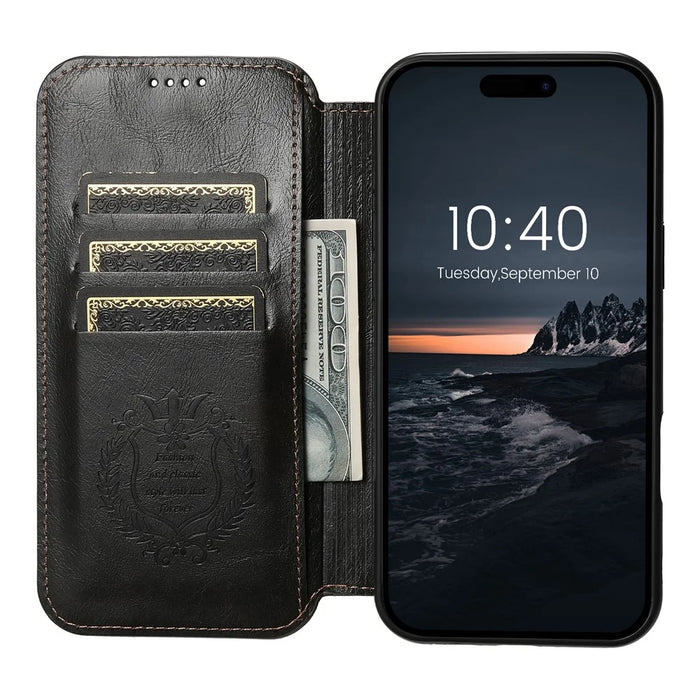 SUTENI J05 For iPhone 16 Pro Case Compatible with MagSafe Textured PU Leather Flip Phone Cover - Black - 2