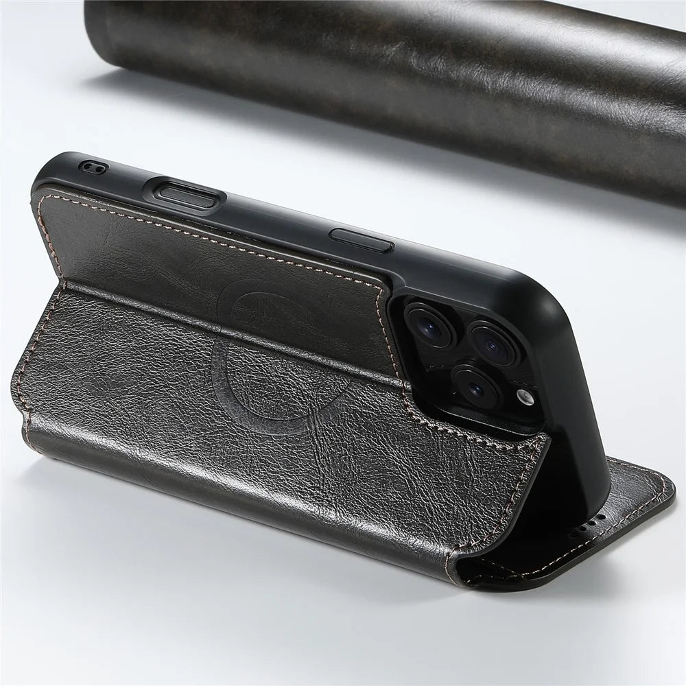 SUTENI J05 For iPhone 16 Pro Case Compatible with MagSafe Textured PU Leather Flip Phone Cover - Black - 3