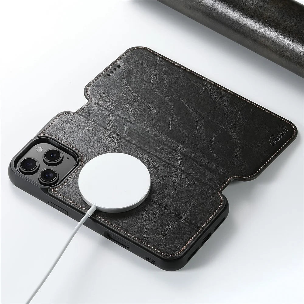 SUTENI J05 For iPhone 16 Pro Case Compatible with MagSafe Textured PU Leather Flip Phone Cover - Black - 4