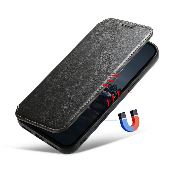 SUTENI J05 For iPhone 16 Pro Case Compatible with MagSafe Textured PU Leather Flip Phone Cover - Black - 5