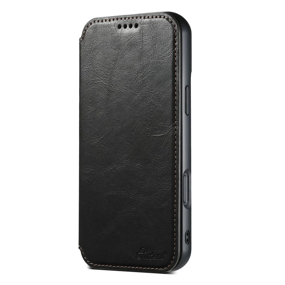 SUTENI J05 For iPhone 16 Pro Case Compatible with MagSafe Textured PU Leather Flip Phone Cover - Black - 6