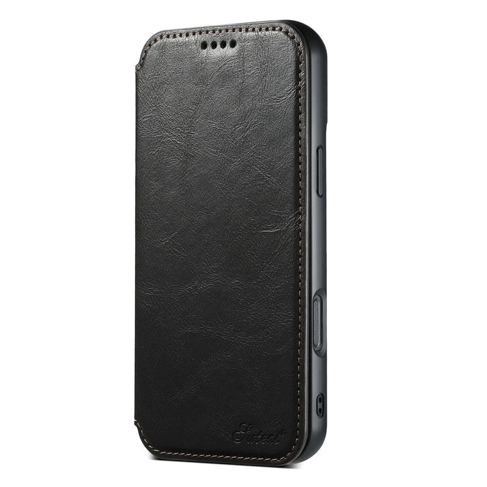 SUTENI J05 For iPhone 16 Pro Case Compatible with MagSafe Textured PU Leather Flip Phone Cover - Black - 6