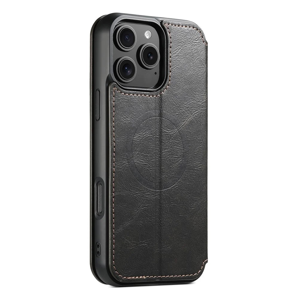 SUTENI J05 For iPhone 16 Pro Case Compatible with MagSafe Textured PU Leather Flip Phone Cover - Black - 7