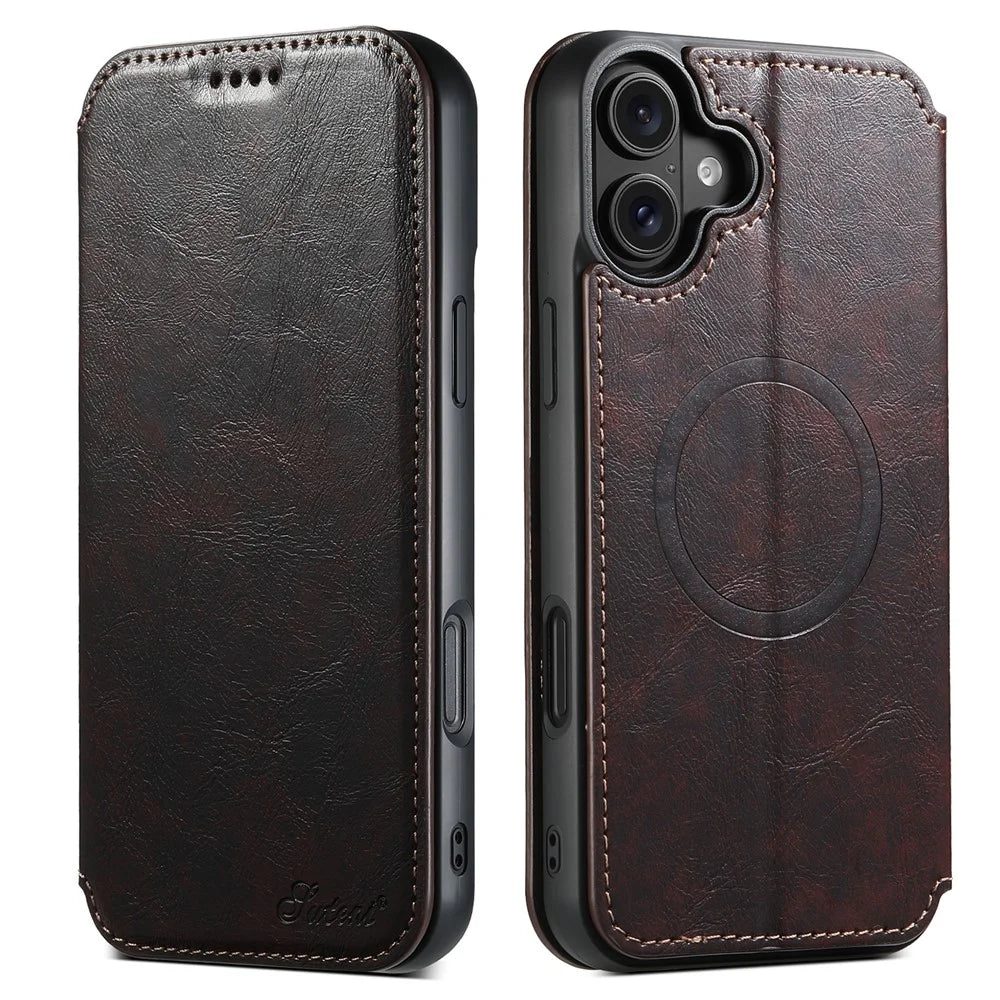 SUTENI J05 For iPhone 16 Case Compatible with MagSafe Textured PU Leather Flip Phone Cover - Brown - 1