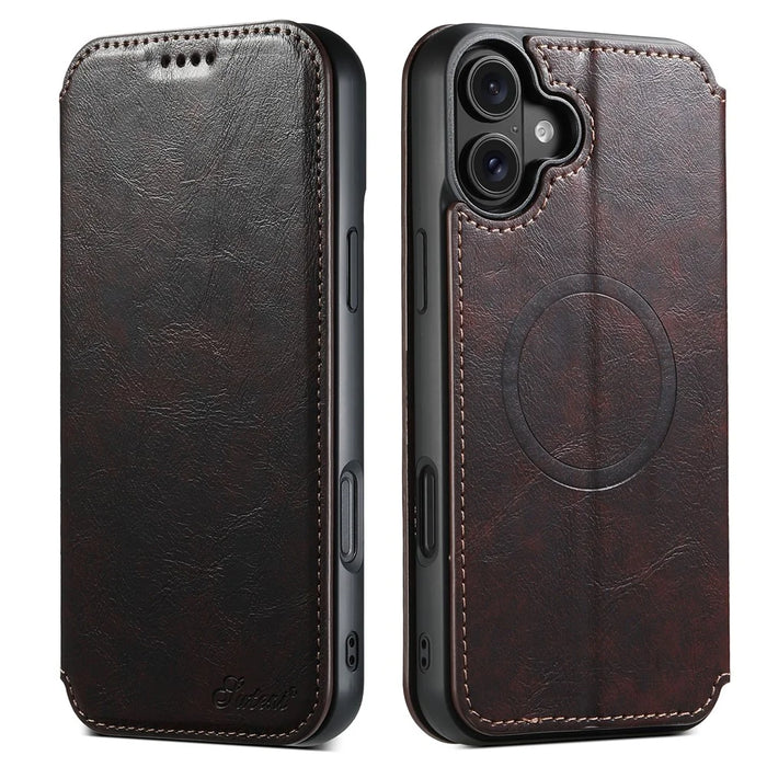 SUTENI J05 For iPhone 16 Case Compatible with MagSafe Textured PU Leather Flip Phone Cover - Brown - 1