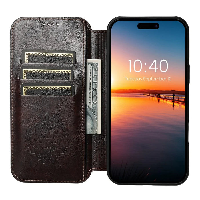SUTENI J05 For iPhone 16 Case Compatible with MagSafe Textured PU Leather Flip Phone Cover - Brown - 2