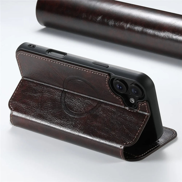 SUTENI J05 For iPhone 16 Case Compatible with MagSafe Textured PU Leather Flip Phone Cover - Brown - 3