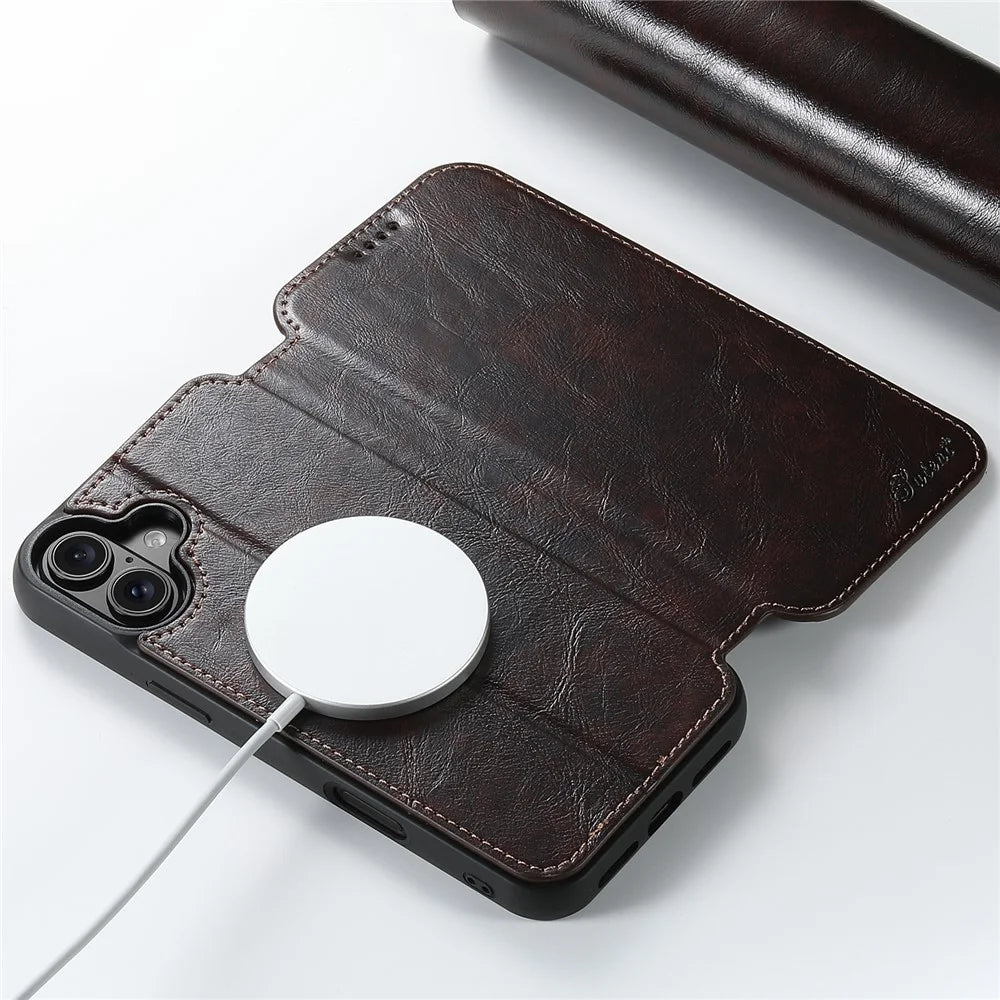 SUTENI J05 For iPhone 16 Case Compatible with MagSafe Textured PU Leather Flip Phone Cover - Brown - 4