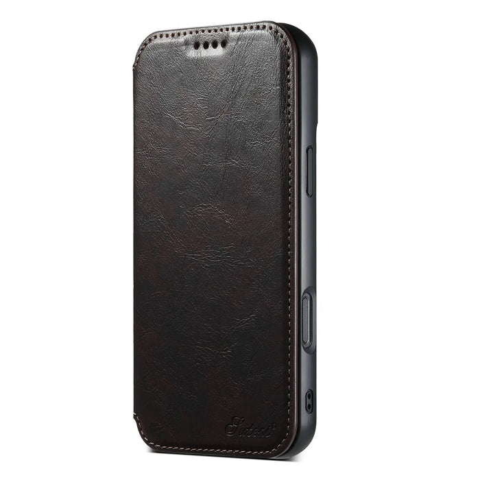 SUTENI J05 For iPhone 16 Case Compatible with MagSafe Textured PU Leather Flip Phone Cover - Brown - 6