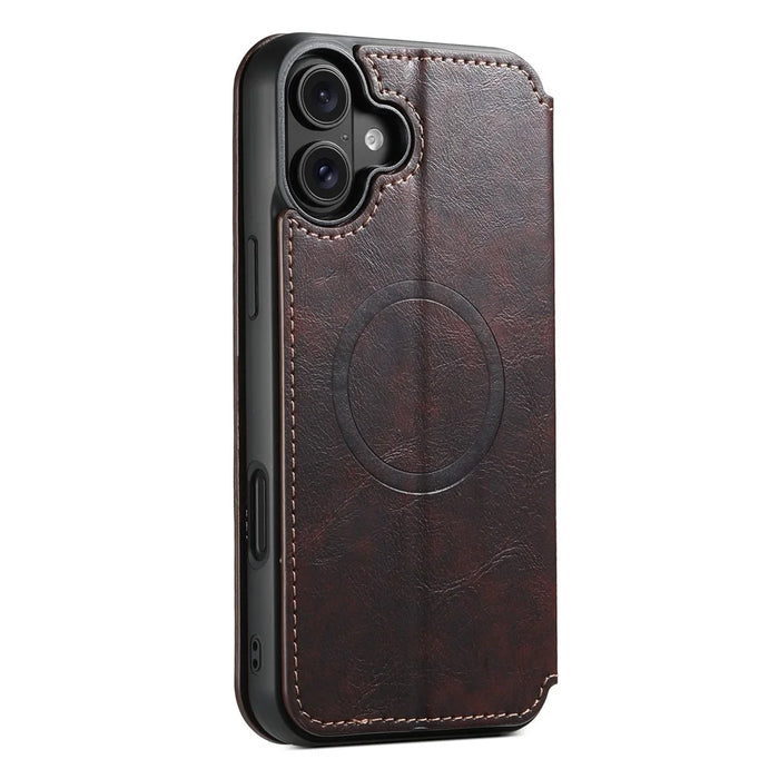 SUTENI J05 For iPhone 16 Case Compatible with MagSafe Textured PU Leather Flip Phone Cover - Brown - 7