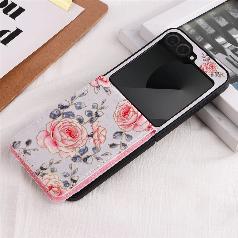 For Samsung Galaxy Z Flip7 FE 5G / Z Flip6 5G / Flip5 5G Case Flower Pattern PU+TPU Phone Cover Card Slots - Rose - 1