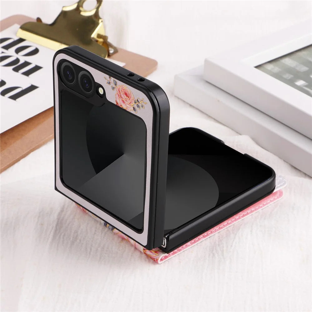 For Samsung Galaxy Z Flip7 FE 5G / Z Flip6 5G / Flip5 5G Case Flower Pattern PU+TPU Phone Cover Card Slots - Rose - 3